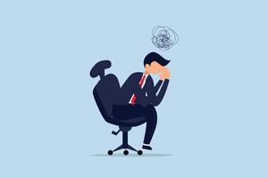 regretter une erreur commerciale, de la frustration ou un homme d'affaires déprimé et frustré tenant sa tête assis seul sur la chaise vecteur