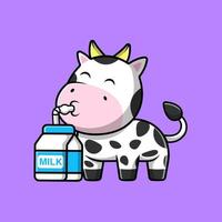 vache mignonne boit du lait avec illustration d'icônes vectorielles de dessin animé de paille. concept de dessin animé plat. adapté à tout projet créatif. vecteur