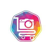 icône vectorielle du logo de la boutique de caméras. panier d'achat avec modèle de conception de logo d'objectif de caméra.