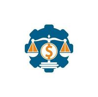 conception de logo vectoriel de forme d'engrenage de cabinet d'avocats d'argent. notion de financement. échelle de logotype et icône de symbole dollar.
