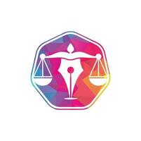 modèle de conception de logo vectoriel de cabinet d'avocats stylo. vecteur de logo de droit avec équilibre judiciaire symbolique de l'échelle de la justice dans une pointe de stylo.