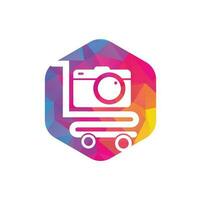 icône vectorielle du logo de la boutique de caméras. panier d'achat avec modèle de conception de logo d'objectif de caméra. vecteur