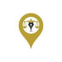 loi sur le stylo avec modèle de conception de logo vectoriel de forme gps. vecteur de logo de droit avec équilibre judiciaire. échelle de la justice dans une pointe de stylo.