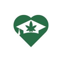 conception de logo de concept de forme de coeur de cannabis d'éducation. chapeau de graduation et modèle d'icône de logo de marijuana. vecteur