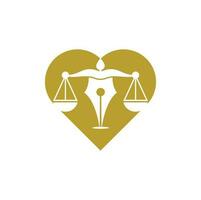 loi sur le stylo avec modèle de conception de logo vectoriel en forme de coeur. vecteur de logo de droit avec équilibre judiciaire. échelle de la justice dans une pointe de stylo.