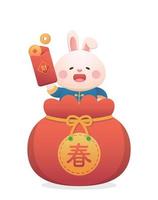 personnage ou mascotte de lapin mignon, éléments du nouvel an lunaire chinois, pièces d'or et sac rouge, style de dessin animé vectoriel