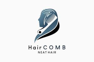 la conception du logo du peigne à cheveux avec la silhouette se marie avec les cheveux de la femme dans un concept créatif vecteur