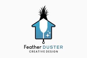 conception de logo de plumeau de plume illustration de nettoyeur de poussière traditionnel, silhouette d'un plumeau dans une icône de maison avec un concept créatif vecteur