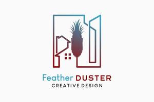 conception de logo de plumeau de plumes illustration traditionnelle de nettoyeur de poussière, silhouette d'un plumeau de plumes combiné avec des icônes de maison et de bâtiment dans l'art en ligne vecteur