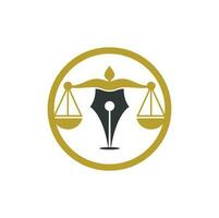 modèle de conception de logo vectoriel de cabinet d'avocats stylo. vecteur de logo de droit avec équilibre judiciaire symbolique de l'échelle de la justice dans une pointe de stylo.