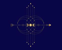 totem doré, géométrie sacrée, flèche mystique et croissant de lune, lignes pointillées dorées dans le style bohème, icône wiccan, talisman magique mystique ésotérique alchimie. vecteur d'occultisme spirituel isolé sur bleu