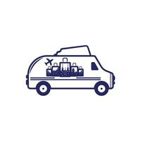 création de logo vectoriel van de voyage. concept de vie de camionnette. campeur bleu en mouvement.