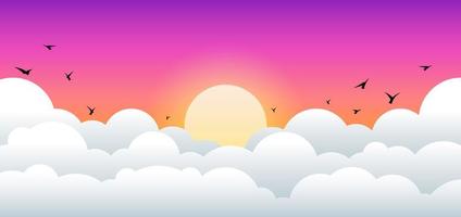 paysage de lever et coucher de soleil avec des nuages et des oiseaux vecteur