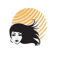 visage stylisé de belle femme avec une silhouette de cheveux longs. logo ou symbole du salon de beauté des cheveux des femmes. vecteur