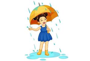 jolie petite fille avec parapluie profitant de la pluie vecteur