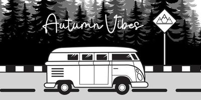 fond de vecteur bus vw couleur noir et blanc avec des vibrations d'automne