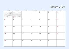 planificateur de calendrier mural pour mars 2023. langue anglaise, la semaine commence à partir du dimanche. vecteur