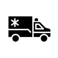 icône de glyphe noir de véhicule d'ambulance. soins médicaux urgents. service d'urgence. automobile équipée. PREMIERS SECOURS. symbole de silhouette sur un espace blanc. pictogramme solide. illustration vectorielle isolée vecteur