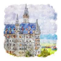 château de neuschwanstein allemagne croquis aquarelle illustration dessinée à la main vecteur