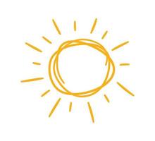 doodle icône de soleil enfantin. griffonner le soleil jaune avec le symbole des rayons. doodle dessin d'enfants. rafale dessinée à la main. signe de temps chaud. illustration vectorielle isolée sur fond blanc vecteur