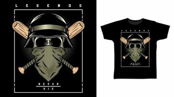 tête de mort avec casque et chauves-souris en bois illustration vectorielle concept de conception de t-shirt. vecteur