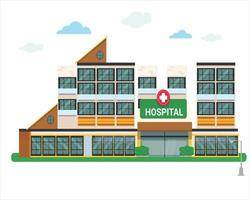 illustration de style dessin animé de vecteur du bâtiment de l'hôpital médical. isolé sur fond blanc. dans le ciel il y a des nuages