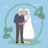 le mariage d'un joli couple de personnes âgées. la mariée et le marié âgés se tenant la main. illustration vectorielle plane à la mode. vecteur