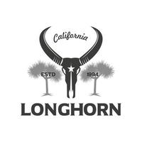 vache longhorn du texas rétro vintage, création de logo d'étiquette de ferme de vache de pays de l'ouest. symbole de vecteur de conception cool
