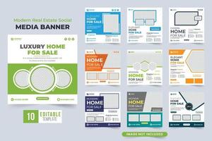collection de conception de publication de médias sociaux immobiliers avec des couleurs vertes et bleues. ensemble de modèles de publicité d'entreprise de vente de maison immobilière avec des formes abstraites. ensemble de bannières web de vente de maison moderne. vecteur