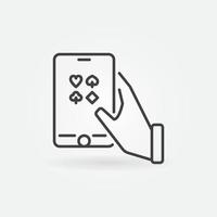 smartphone avec application de poker dans l'icône de concept de vecteur de contour de main