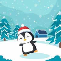 mignon pingouin de noël en illustration d'hiver vecteur