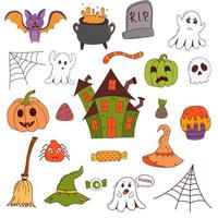 citrouille d'halloween drôle, fantôme, chapeau de sorcière, chauve-souris, bonbons, araignée, balai. concept de truc ou de friandise. illustration vectorielle dans un style dessiné à la main vecteur