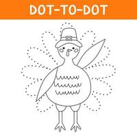 reliez les points et dessinez une jolie dinde pèlerine. personnage animal oiseau portant un chapeau de pèlerins. jeu éducatif pour les enfants. illustration de dessin animé de vecteur pour le jour de thanksgiving.