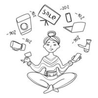 concept de magasinage en ligne.une femme heureuse avec un téléphone et une carte de paiement dans ses mains est assise en tailleur des appareils électroménagers volants et d'autres biens, illustration vectorielle de dessin au trait.vendredi noir et cyber lundi vecteur