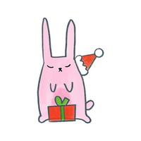 vecteur aquarelle mignon lapin rose de noël dessiné à la main portant un chapeau de fête rouge. lapin avec les décorations du nouvel an.