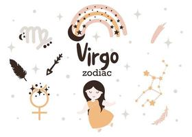 printvirgo signe du zodiaque clipart - horoscope enfants mignons, étoiles du zodiaque, constellation, arc-en-ciel, planète, flèche et comète illustration vectorielle isolée sur fond blanc. personnage astrologique vecteur mignon