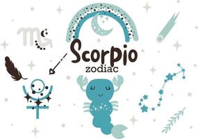 Scorpion signe du zodiaque clipart - horoscope mignon pour enfants, étoiles du zodiaque, constellation, arc-en-ciel, planète, flèche et comète illustration vectorielle isolée sur fond blanc. personnage astrologique vecteur mignon