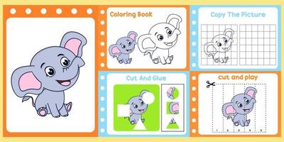 pack de feuilles de calcul pour les enfants avec le vecteur d'éléphant. livre d'étude pour enfants