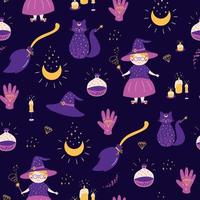 modèle de sorcière modèle sans couture magique. fond d'halloween dans le style de doodle pour enfants. jolie sorcière, chat, balai, bouteille de potion, chapeau, main, lune. texture sombre violette mystérieuse. illustration vectorielle de sorcellerie. vecteur