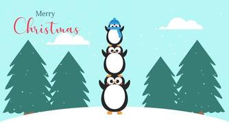 Joyeux noël carte avec mignon hiver pingouins vector illustration