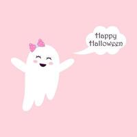 un fantôme mignon avec un arc de cheveux vole. bulle. Joyeux Halloween. carte d'halloween. vecteur
