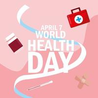 carte de la journée mondiale de la santé avec des médicaments et des icônes de bouteille vecteur