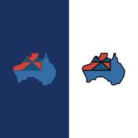 australie carte pays drapeau icônes plat et ligne remplie icône ensemble vecteur fond bleu