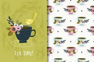 tasse à thé avec dessin et motif d'oiseaux et de fleurs