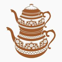 théière turque caydanlik traditionnelle typique de style plat monochrome modifiable avec illustration vectorielle de motif floral pour le magasin de thé ou le marketing de produits et la conception liée à la culture turque ottomane vecteur