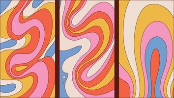 ensemble de trois arrière-plans de vagues de couleur de style années 60 années 70. Taille d'écran 1920-1080 pour les arrière-plans de médias sociaux. contour vectoriel illustration dessinée à la main.