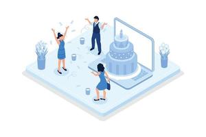 personnes célébrant la fête d'anniversaire, personnages debout près du gâteau d'anniversaire, illustration moderne de vecteur isométrique