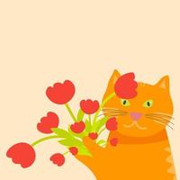 chat drôle orange avec un bouquet de fleurs. vecteur