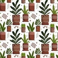 modèle sans couture de plantes d'intérieur. décor à la maison tendance avec illustration vectorielle de plantes. fleurs en pot, design d'intérieur de maison. style hygge vecteur