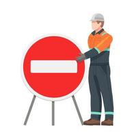 un travailleur de la route se tient à un panneau d'interdiction de circulation. panneaux routiers. interdiction de voyager. illustration vectorielle vecteur